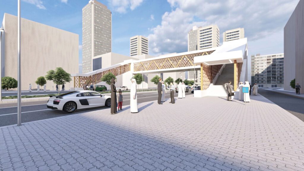 a rendering of an electric car charging station in a city.