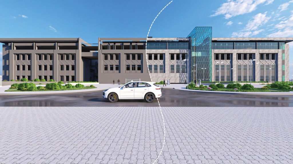 a white car is parked in front of a building.