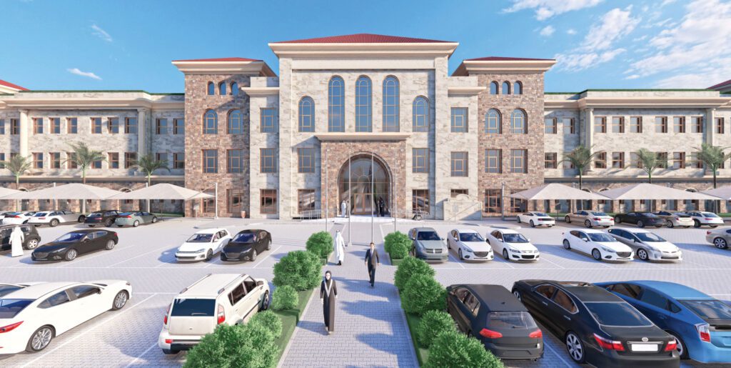 a rendering of a large building with cars parked in front of it.