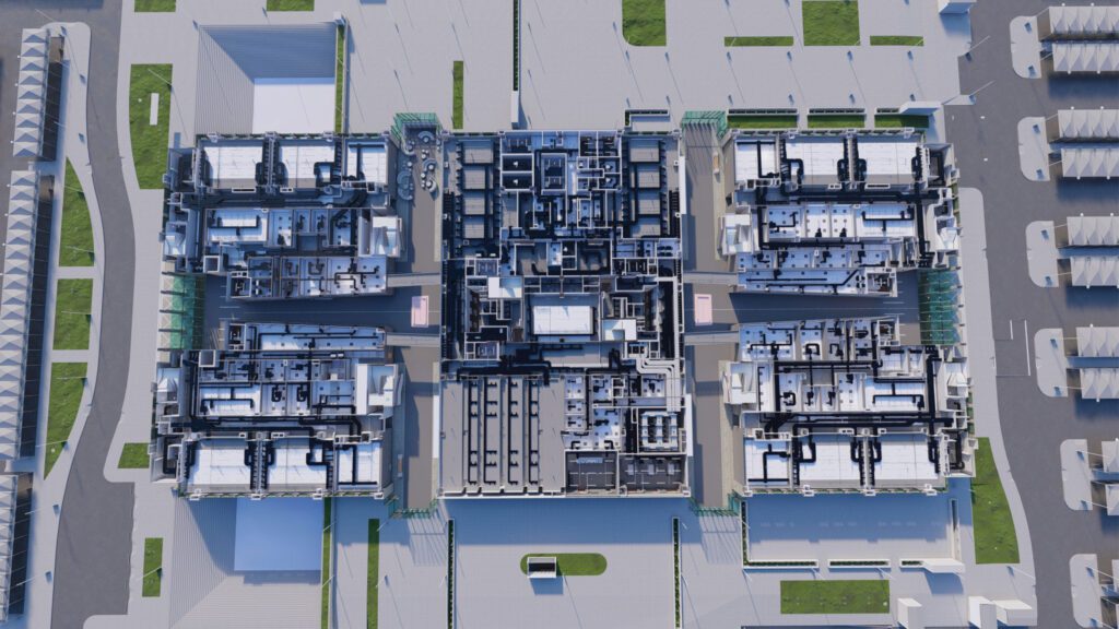 an aerial view of a large building.