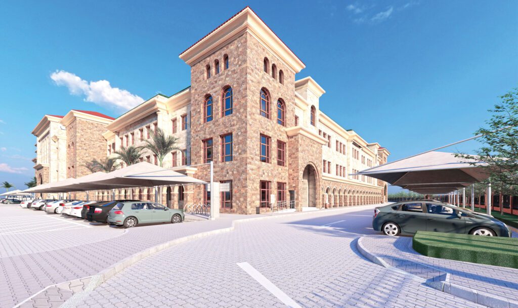 a rendering of a parking lot with cars parked in it.