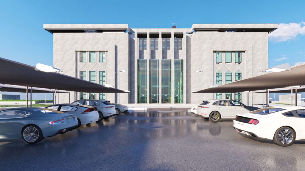 a 3d rendering of a building with cars parked in front of it.