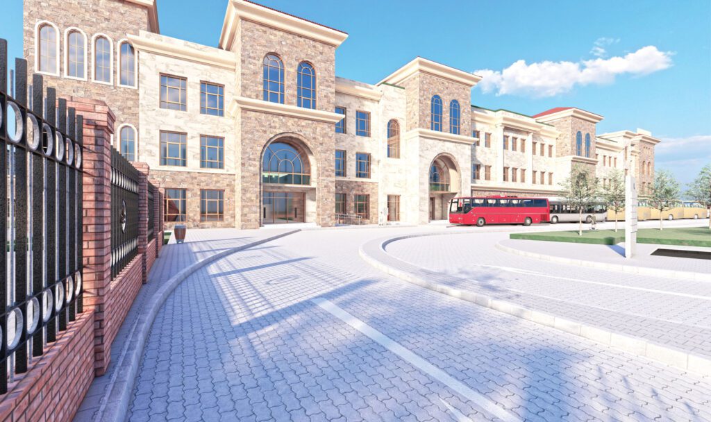 a 3d rendering of a building with a bus in front of it.