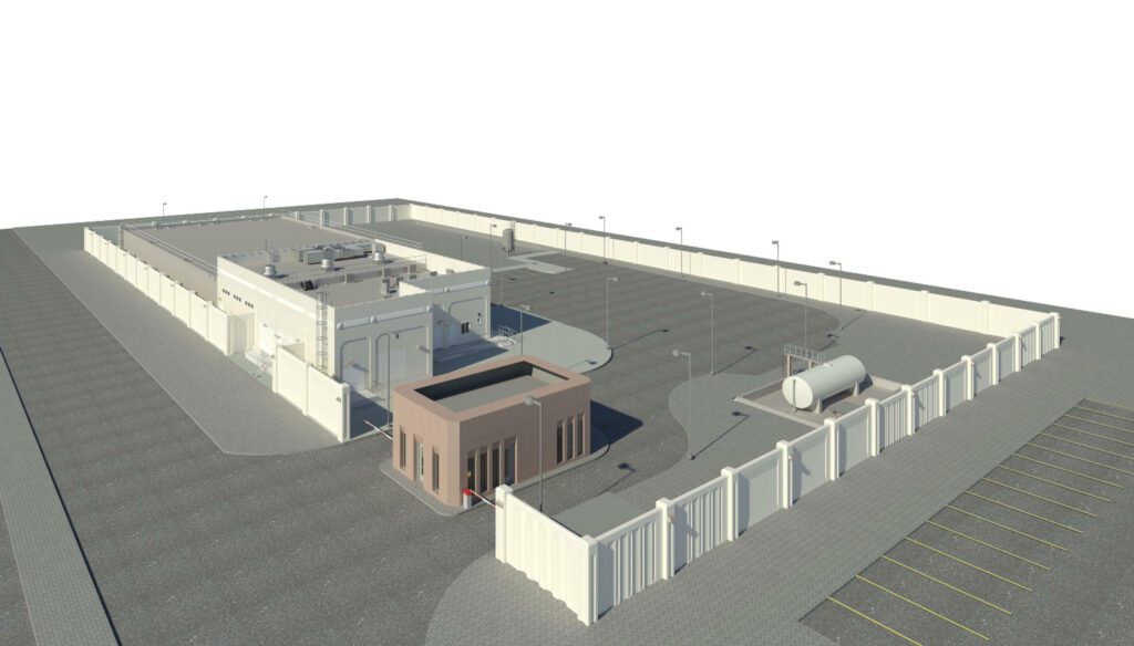 a 3d model of a building with a parking lot.