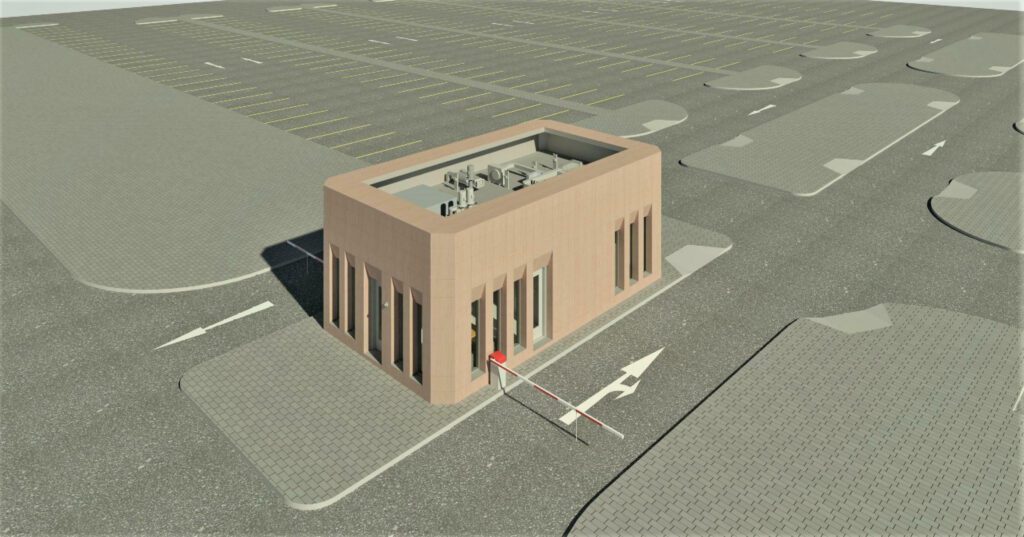 a 3d model of a building in a parking lot.