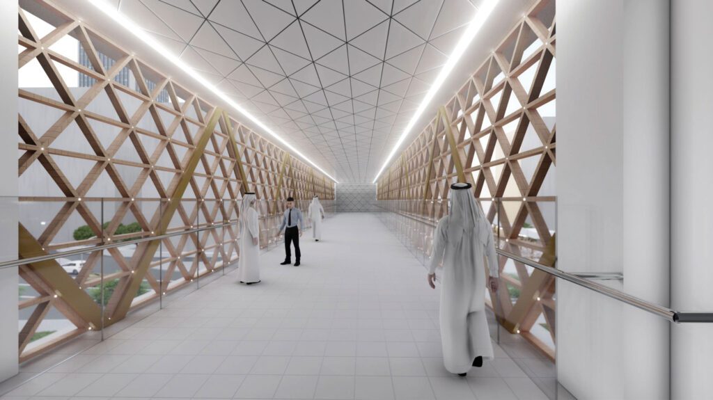 an artist's rendering of a hallway with people walking through it.