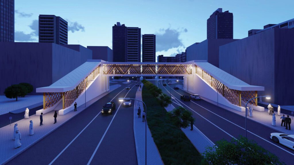an artist's rendering of a bridge over a city street.
