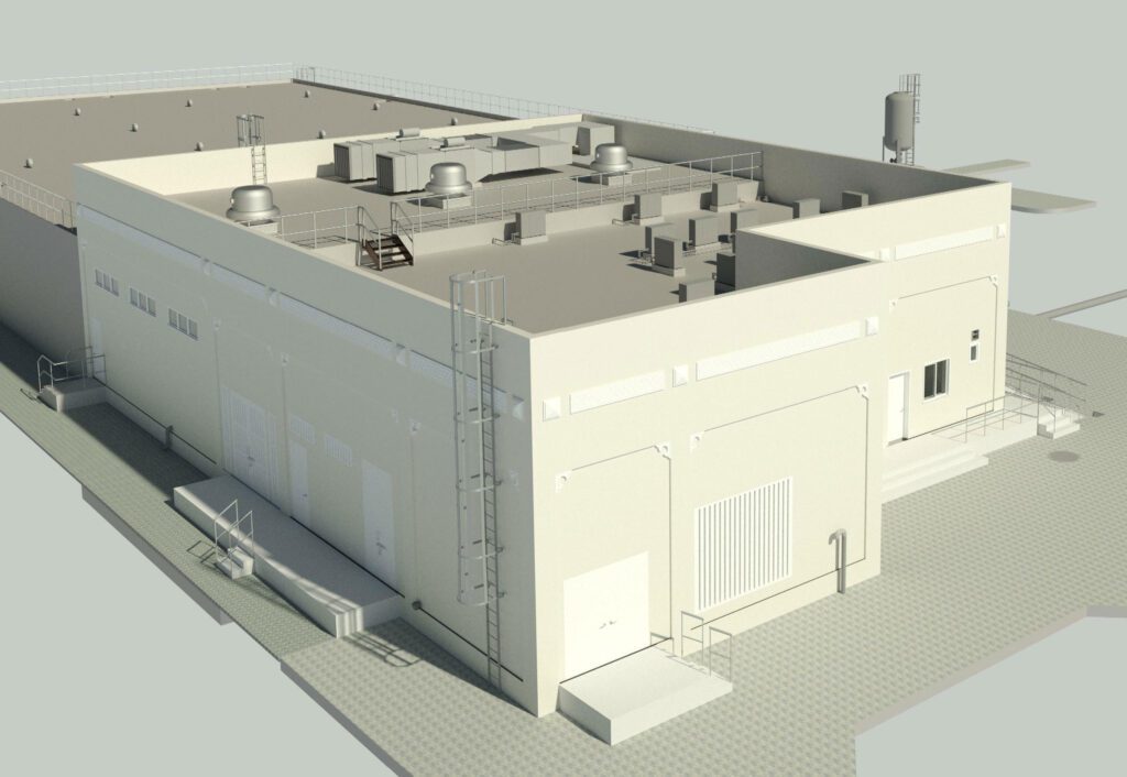 a 3d model of a building with a roof.