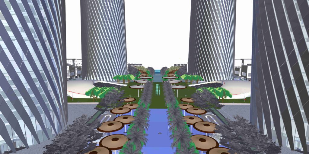 a 3d rendering of a city with tall buildings and trees.