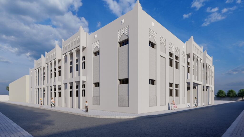 a rendering of a white building on a street.