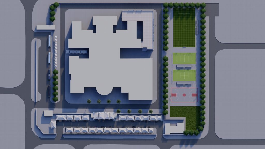 an aerial view of a building with a tennis court in the background.