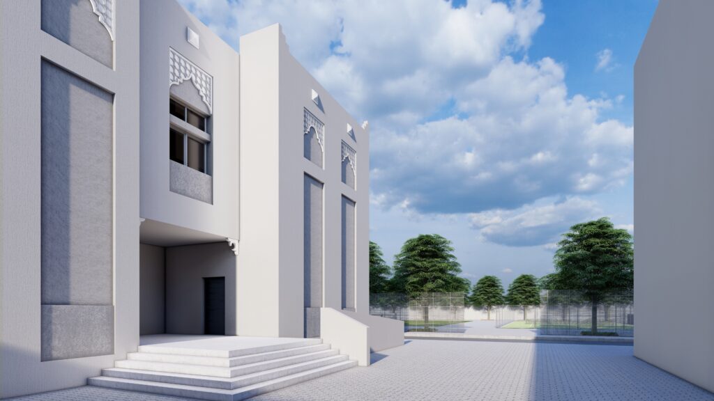 a 3d rendering of a white building with steps.