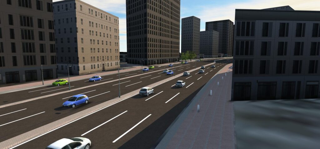 a 3d rendering of a city with cars driving down the street.