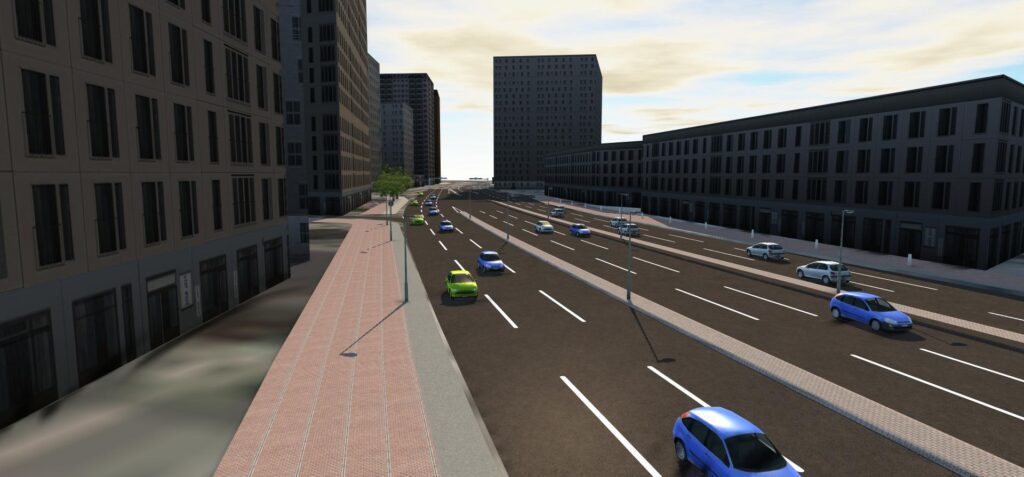 a 3d image of a city with cars driving down the street.