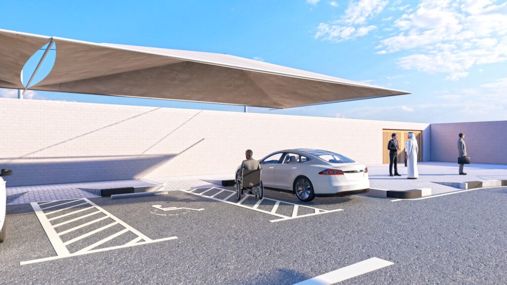 a rendering of a parking lot with cars parked in front of it.