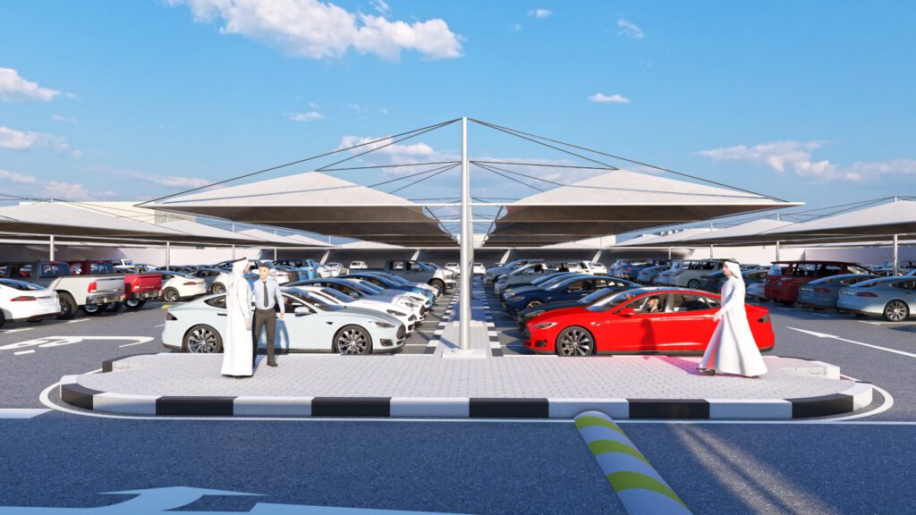 a rendering of a parking lot with cars parked in it.