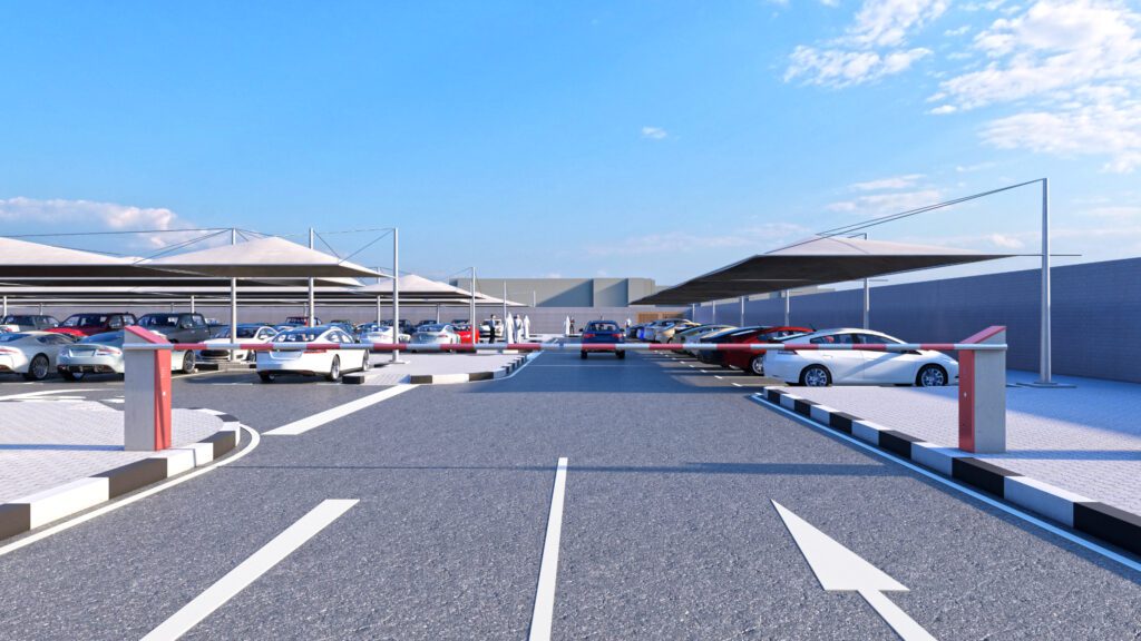 a rendering of a parking lot with cars parked in it.