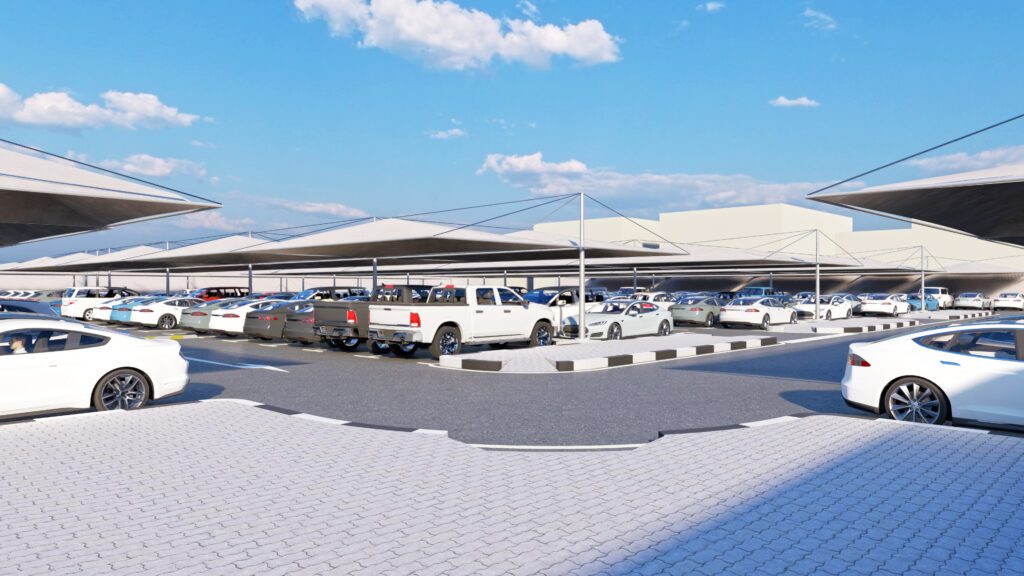 a rendering of a parking lot with cars parked in it.