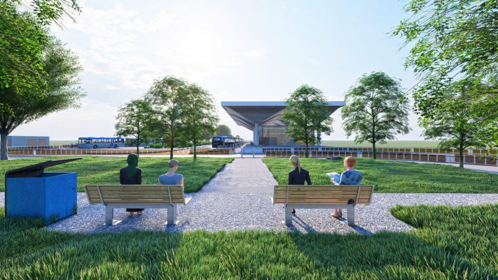 a rendering of a park with people sitting on benches.