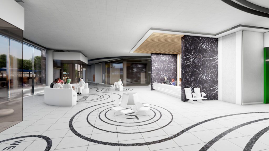 a rendering of the lobby of a hotel.
