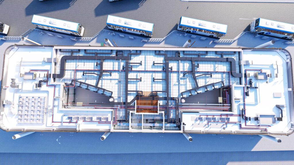 an aerial view of a bus station.