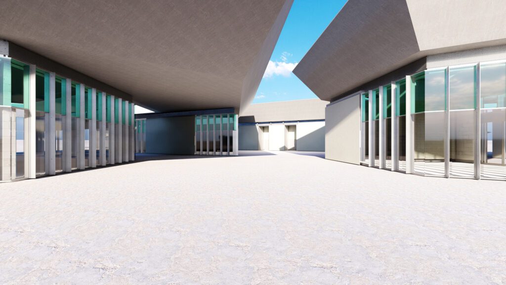 a 3d model of a building with glass doors.