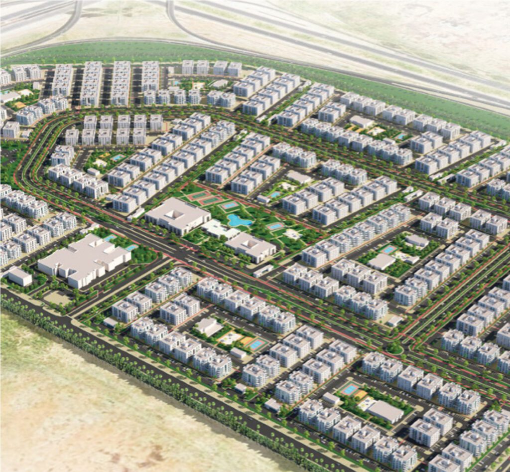 an artist's rendering of a residential area in the desert.
