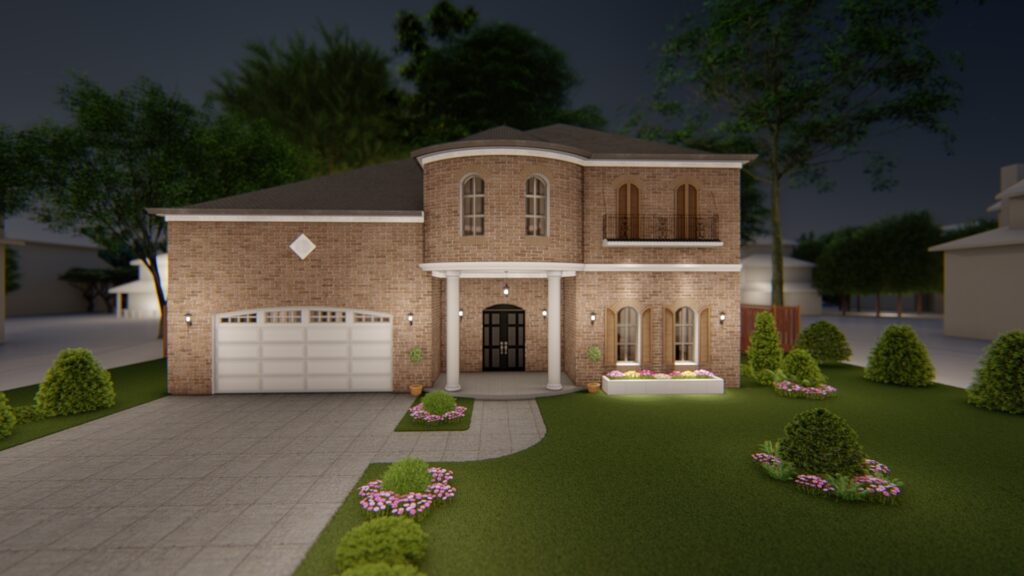 a 3d rendering of a house at night.