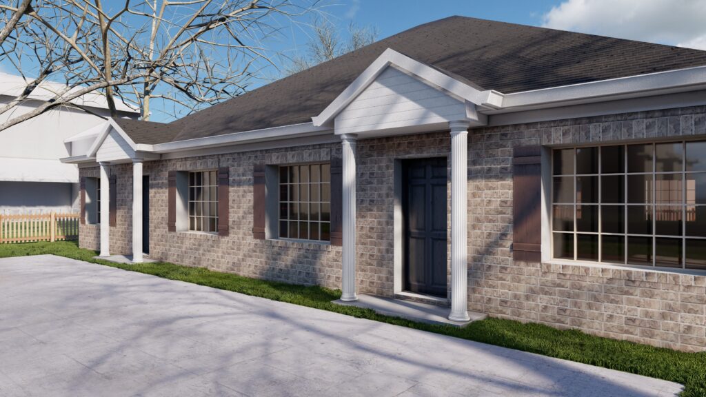 a 3d rendering of a two story brick home.