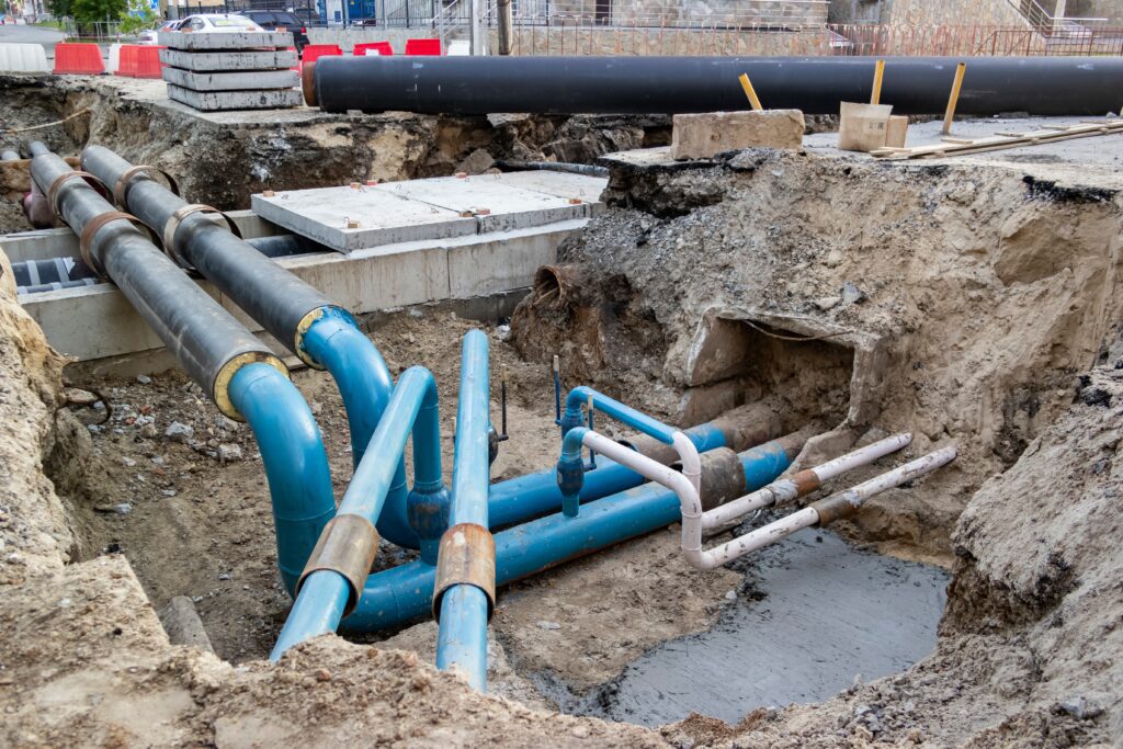 a construction site with pipes and pipes in the ground.