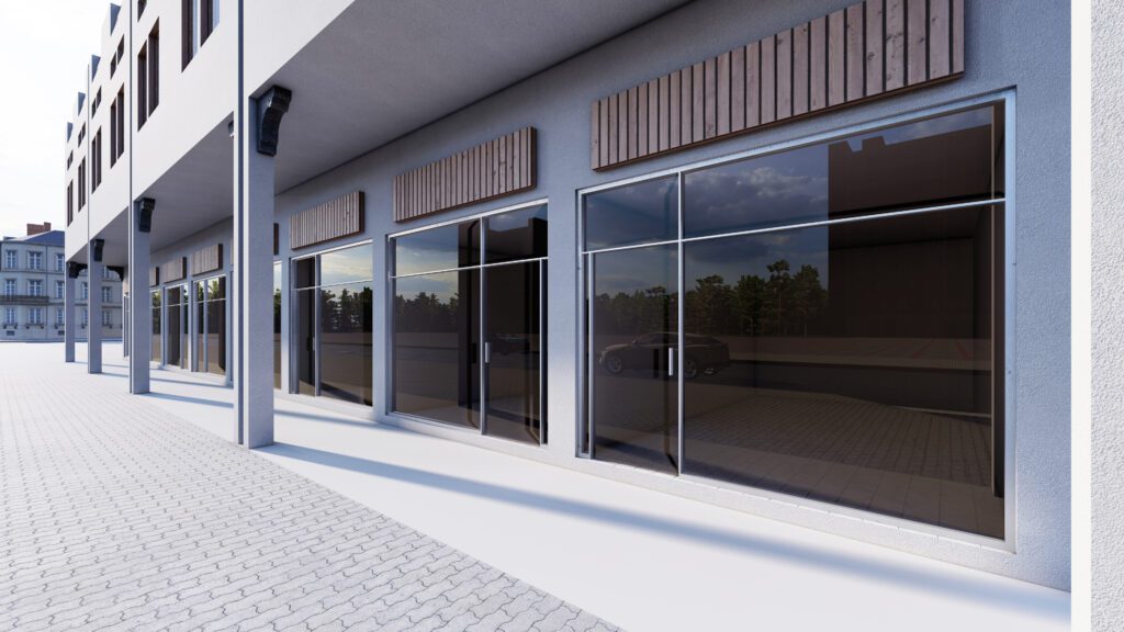 a 3d model of a building with glass doors.