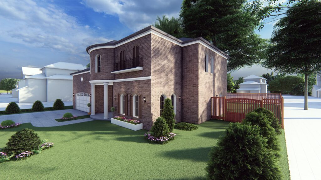 a 3d rendering of a brick house.