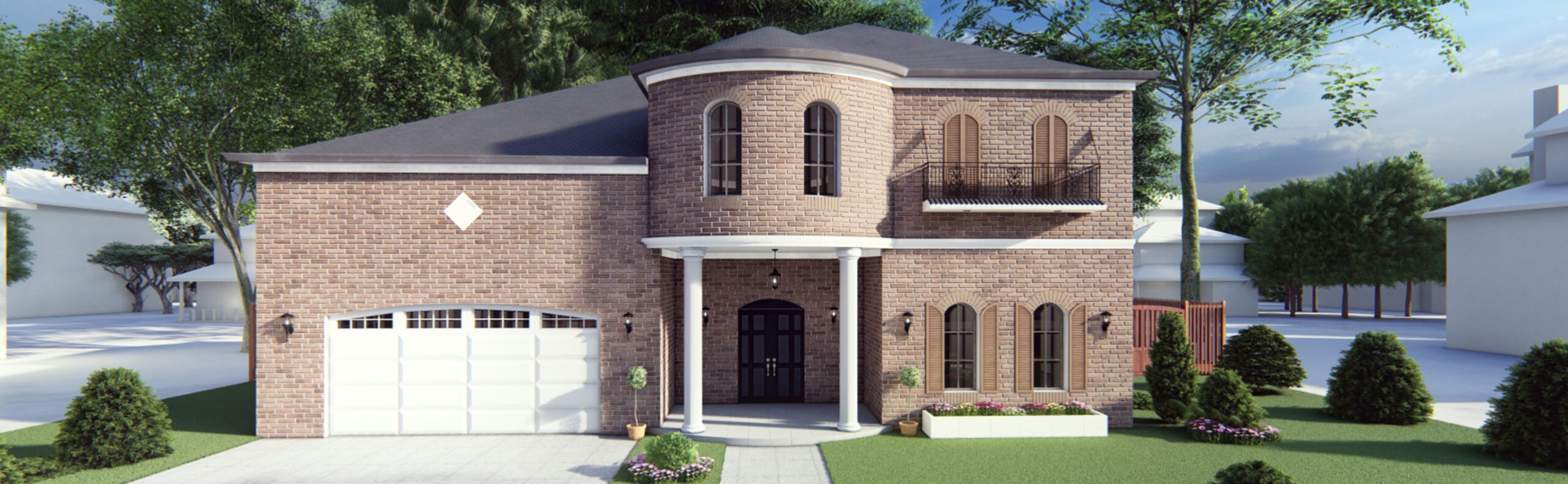 a 3d rendering of a brick house with a garage.