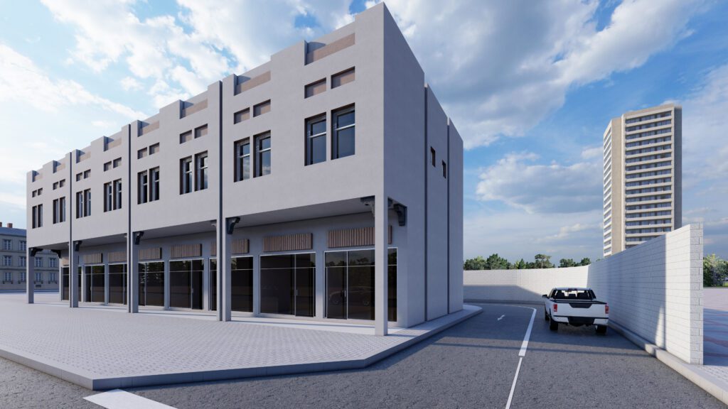 a 3d rendering of a building with a car in front of it.