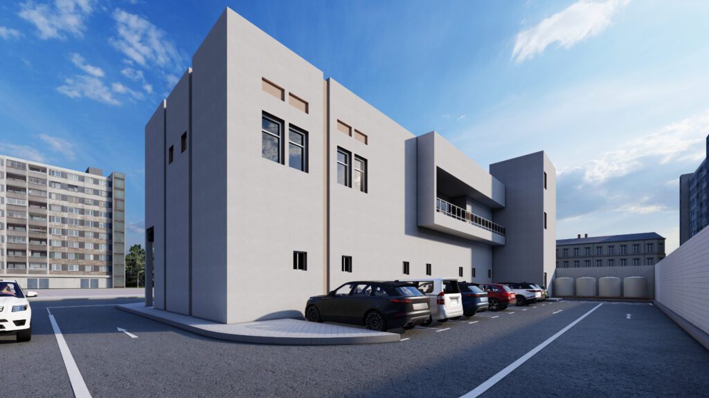 a 3d rendering of a building with cars parked in front of it.