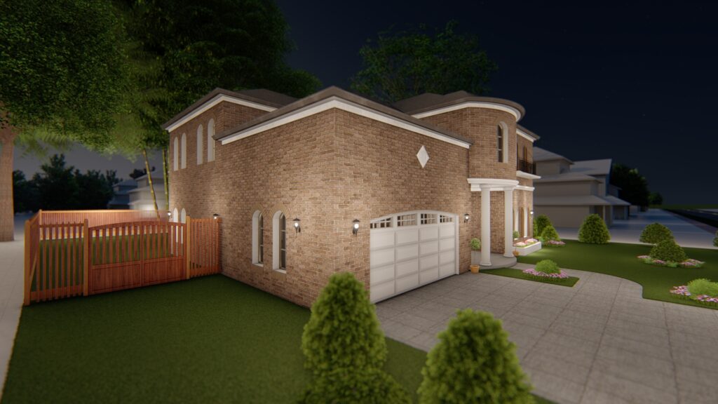 a 3d rendering of a house at night.