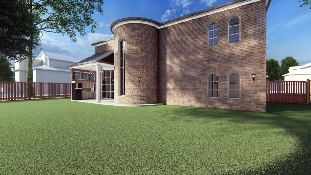 a 3d rendering of a house with a green lawn.