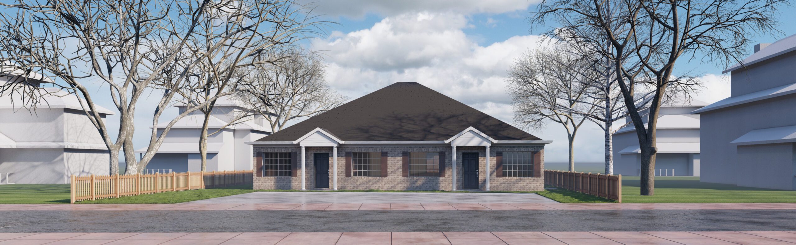 a 3d rendering of a house with trees in the background.