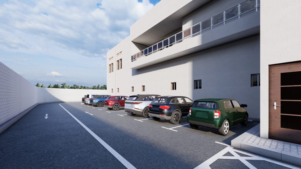 a 3d rendering of a parking lot with cars parked in it.