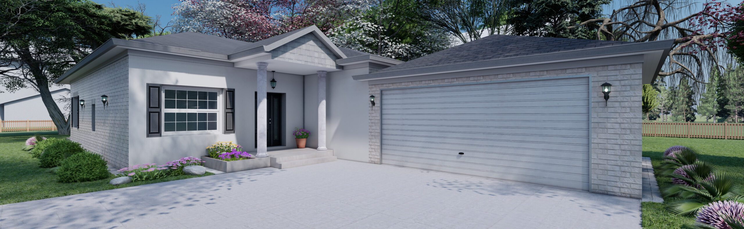 a 3d rendering of a small house with a garage.