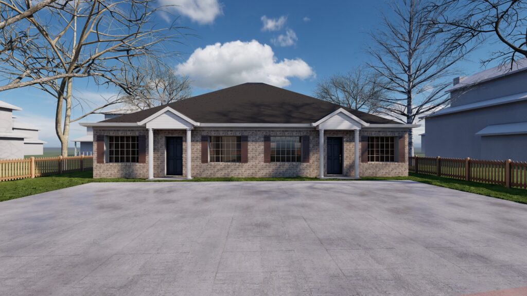 a 3d rendering of a two story home.