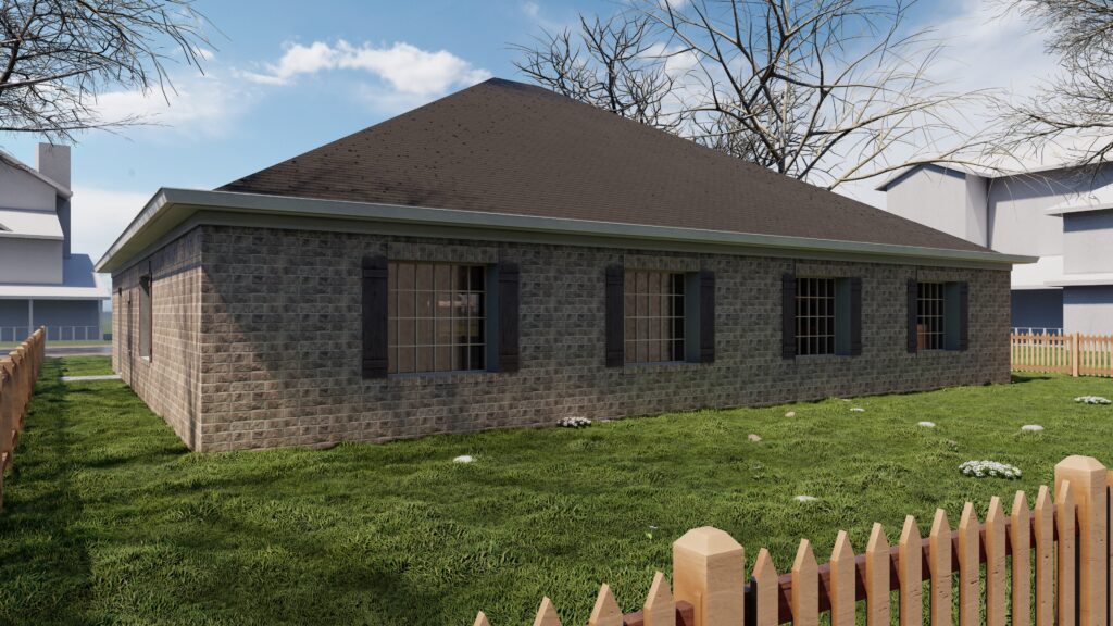 a brick house with a wooden fence.