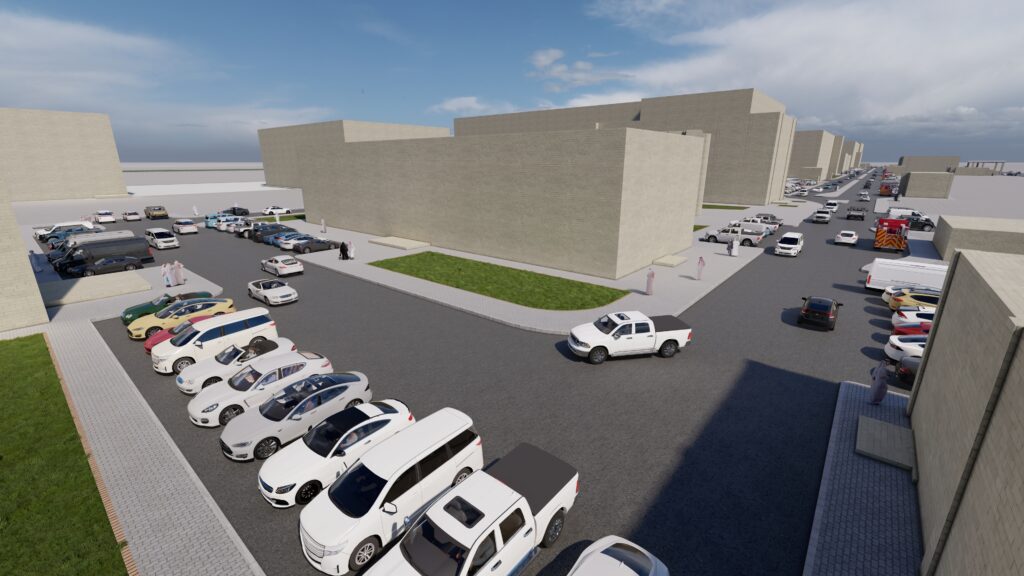 a rendering of a parking lot with cars parked in it.