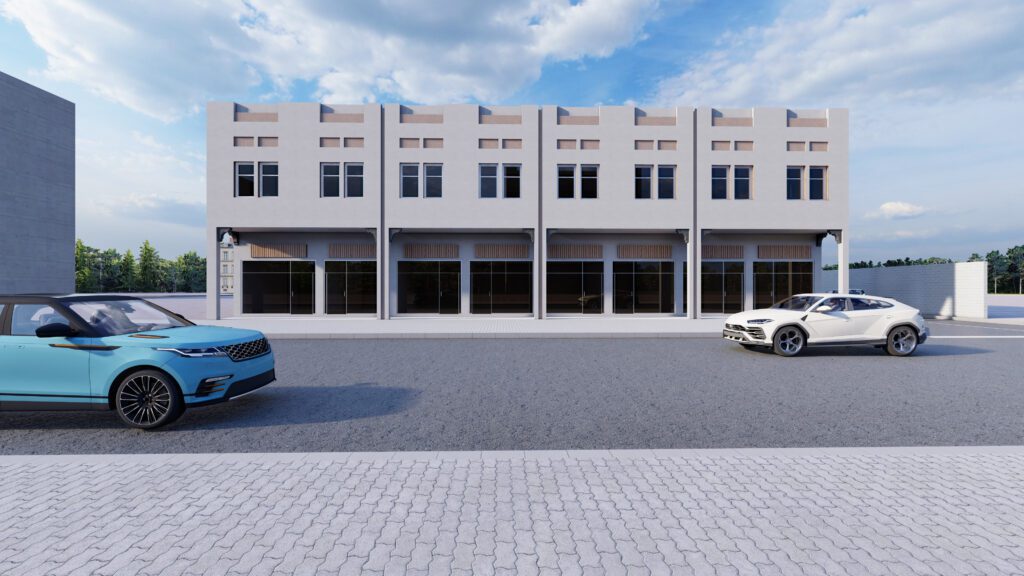 a rendering of two electric cars parked in front of a building.