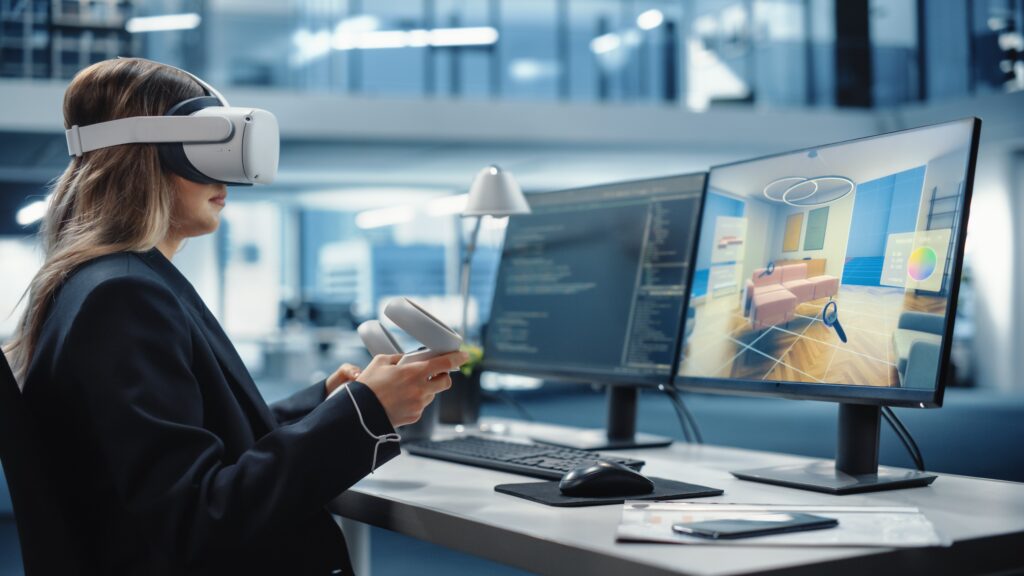 a woman wearing a virtual reality headset in an office.