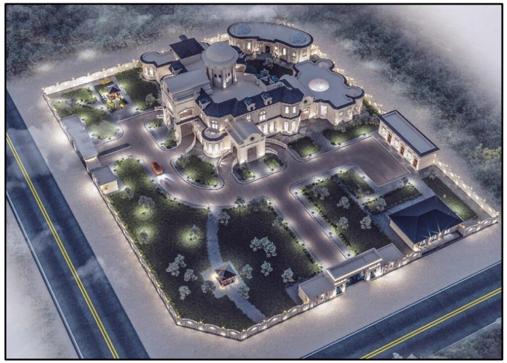 an aerial view of a large mansion.