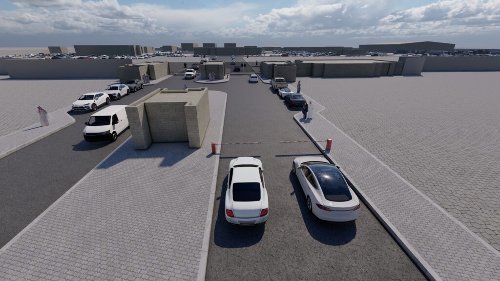 a 3d rendering of a parking lot with cars parked in it.