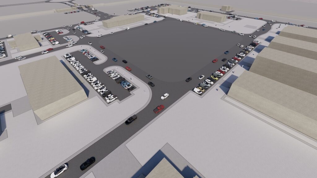 an aerial view of a parking lot.