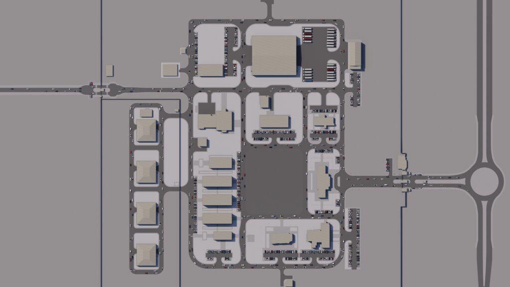 a 3d model of an airport with a lot of buildings.