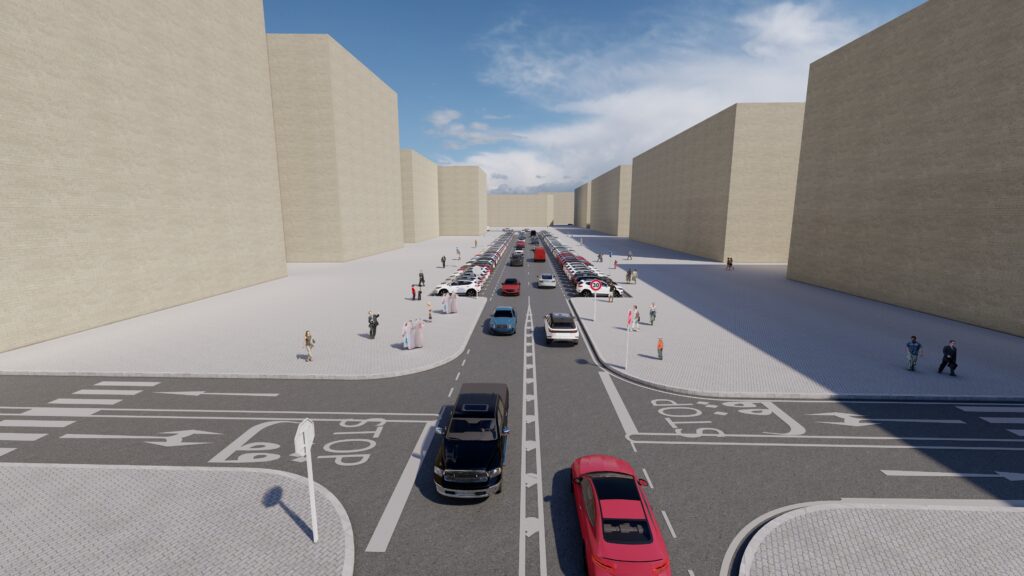 a 3d rendering of a street with cars on it.